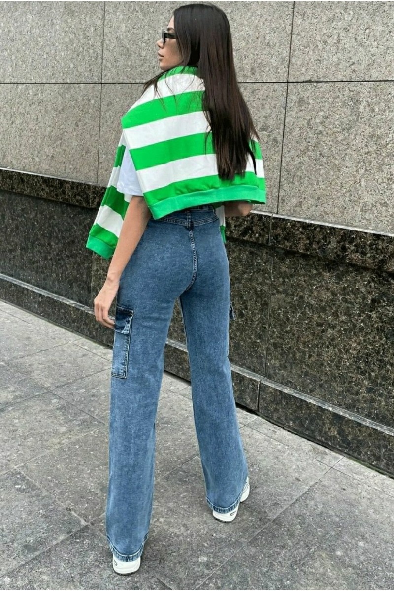 Majeste Mavi Orta Kar Kargo Cep Likralı Süper Yüksek Bel Salaş Jeans Pantolon