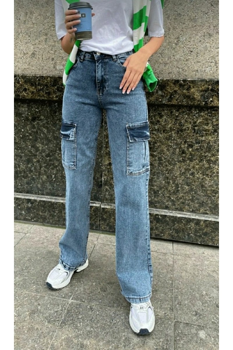 Majeste Mavi Orta Kar Kargo Cep Likralı Süper Yüksek Bel Salaş Jeans Pantolon