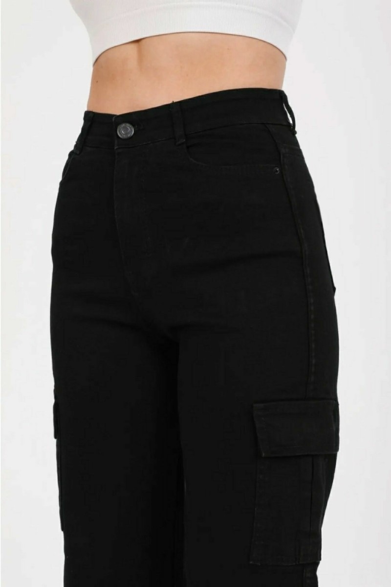 Miyamisu Power Likralı Kadın Siyah Kargo Cep Süper Yüksek Bel Salaş Paça Jans Kot Palazzo Pantolon