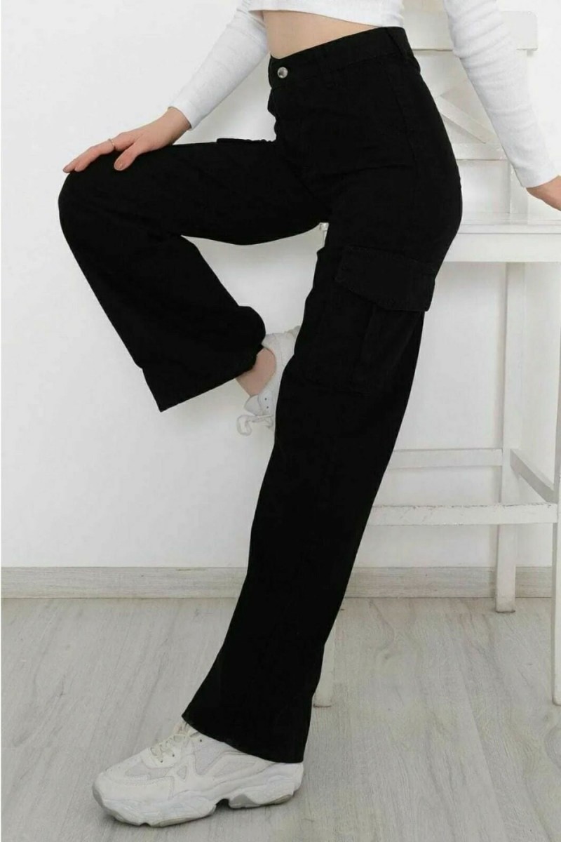 Miyamisu Power Likralı Kadın Siyah Kargo Cep Süper Yüksek Bel Salaş Paça Jans Kot Palazzo Pantolon