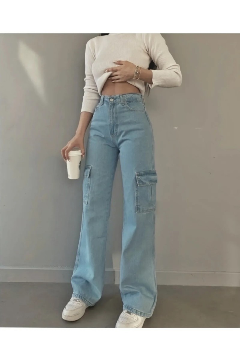 Power Likralı Kadın Bebe Mavi Kargo Cep Süper Yüksek Bel Salaş Paça Jans Kot Palazzo Pantolon