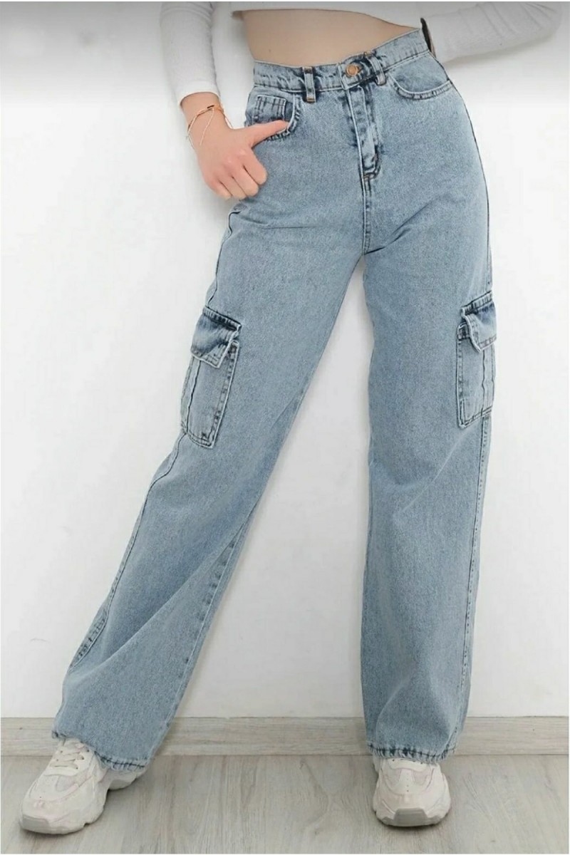 Antonina Açık Mavi Kar Kargo Salaş Arka Cepsiz Likralı Süper Yüksek Bel Jean Pantolon