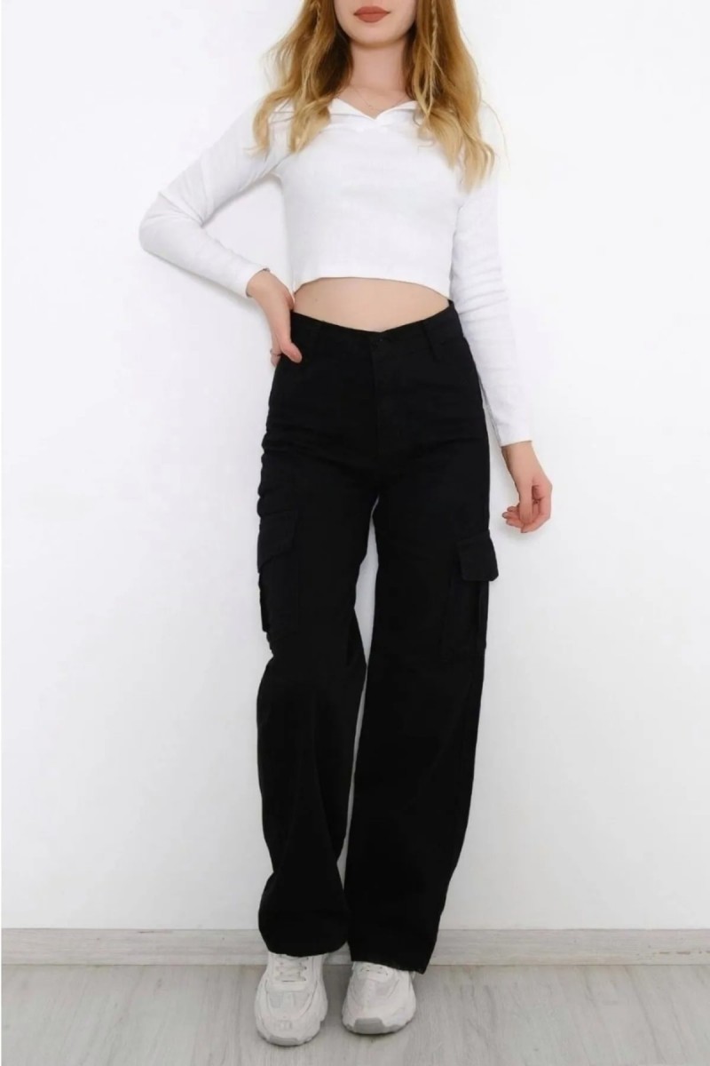 Miyamisu Power Likralı Kadın Siyah Kargo Cep Süper Yüksek Bel Salaş Paça Jans Kot Palazzo Pantolon