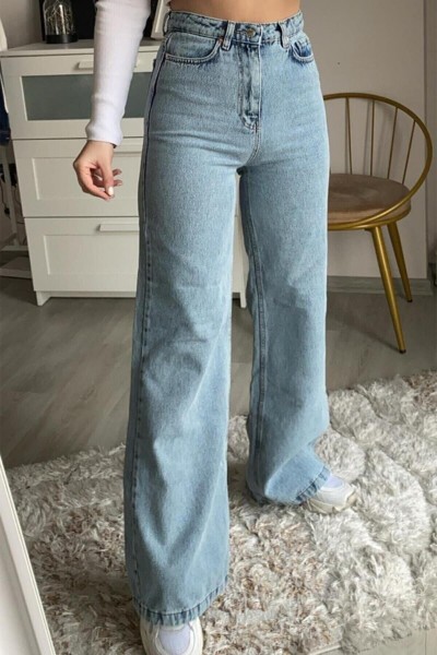 Queen Power Likralı Kadın Açık Mavi Kar Yıkama Yüksek Bel Bol Paça Denim Kot Pantolon Lvk-001040a