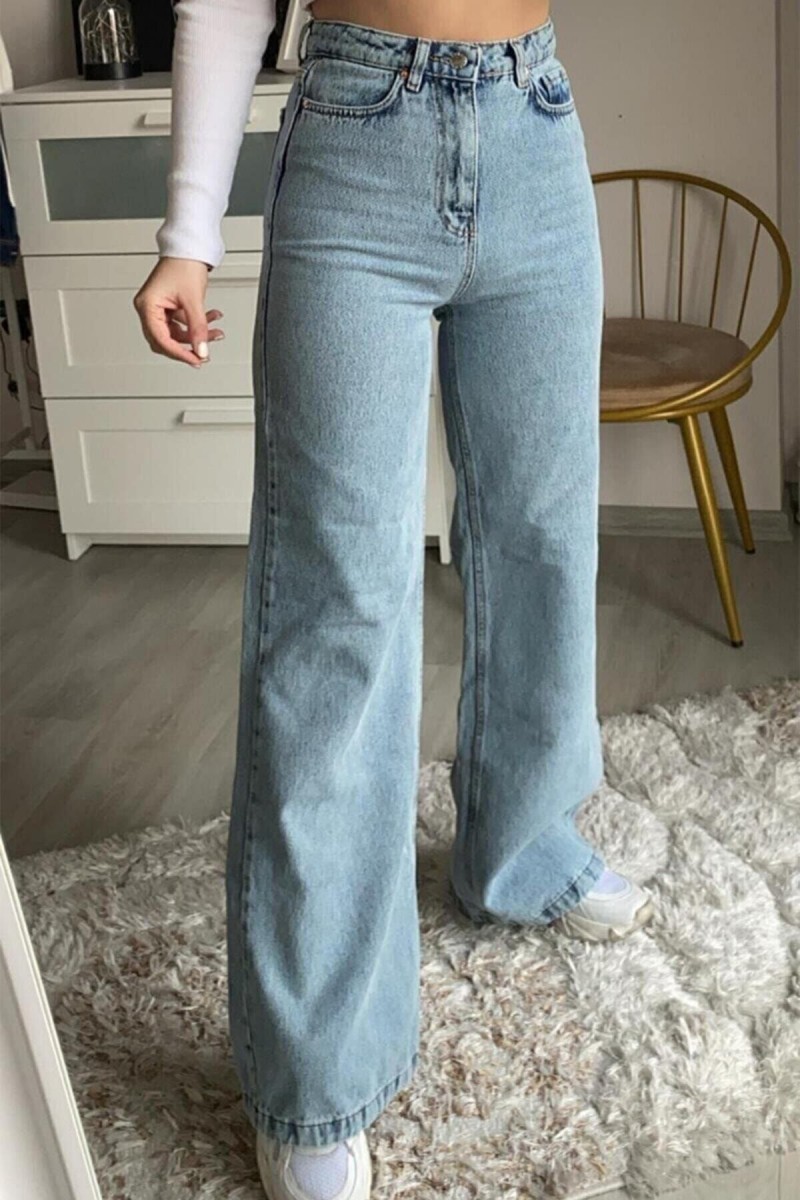 Queen Power Likralı Kadın Açık Mavi Kar Yıkama Yüksek Bel Bol Paça Denim Kot Pantolon Lvk-001040a Queen Power Likralı Kadın Açık Mavi Kar Yıkama Yüksek Bel Bol Paça Denim Kot Pantolon Lvk-001040a