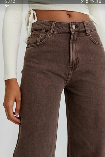 Kahverengi Likralı Süper Yüksek Bel Salaş Jeans Palazzo Pantolon