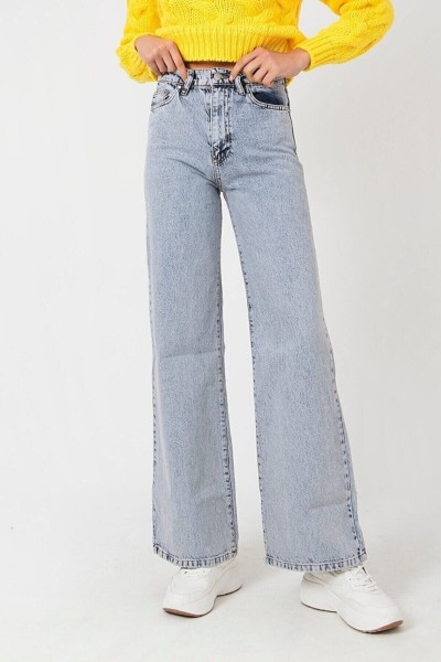 Follow 90 s Kar Yıkama Mavi Likralı Süper Yüksek Bel Salaş Jeans Palazzo Pantolon