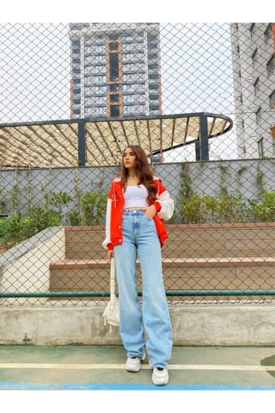 Alice 90 s Orta Mavi Kar Yıkama Mavi Likralı Süper Extra Yüksek Bel Palazzo Salaş Jean Pantolon