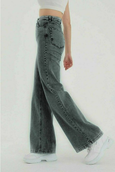 Kül Gri Likralı Süper Yüksek Bel Salaş Jeans Palazzo Pantolon
