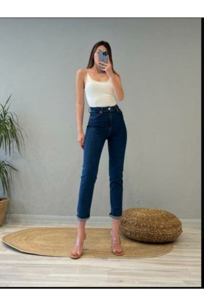 Lacivert Skiiny Mom (fit Mom) Yüksek Bel Mom Jeans Boyfriend
