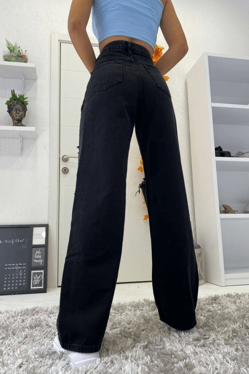 Nairobi Solmaz Siyah Süper Yüksek Bel Salaş Yırtık Jeans Palazzo Pantolon( Süper Yüksek ) Wide Leg.