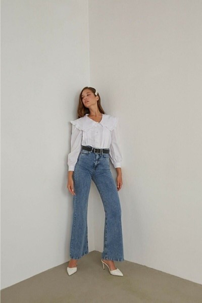 Alissa 90 s Kar Yıkama Mavi Likralı Süper Extra Yüksek Bel Palazzo Salaş Jean Pantolon