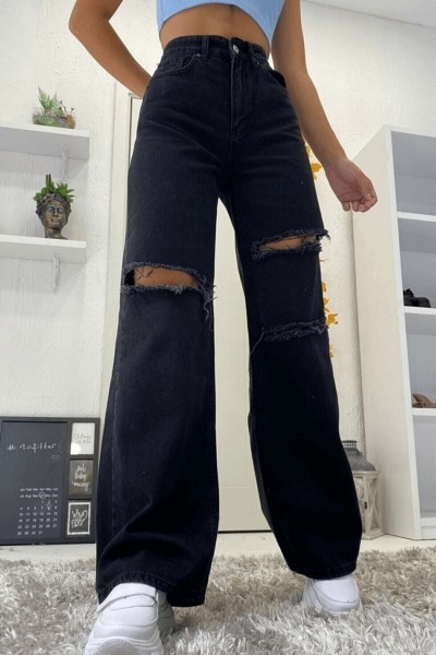 My Aşk 90 s Siyah Yırtık Likralı Süper Yüksek Bel Salaş Jean Pantolon. (süper Yüksek.)