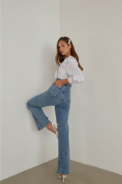 Alissa 90 s Kar Yıkama Mavi Likralı Süper Extra Yüksek Bel Palazzo Salaş Jean Pantolon