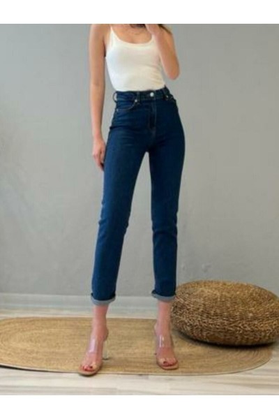 Lacivert Skiiny Mom (fit Mom) Yüksek Bel Mom Jeans Boyfriend