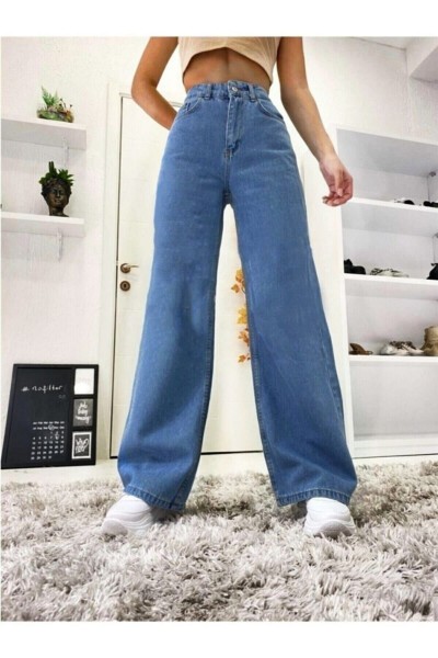 Orta Mavi Power Likralı Süper Yüksek Bel Salaş Jeans Palazzo Pantolon