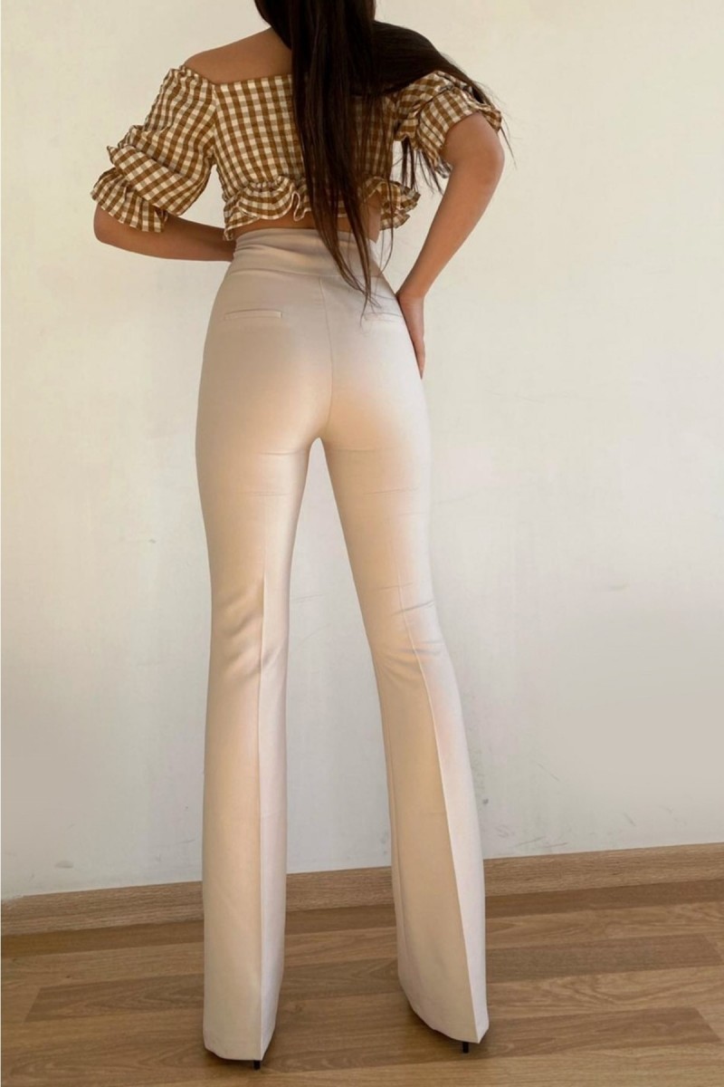 Kadın Bej Ispanyol Paça Kumaş Yüksek Bel Pantolon Kadın Bej Ispanyol Paça Kumaş Yüksek Bel Pantolon