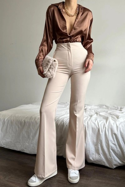 Kadın Bej Ispanyol Paça Kumaş Yüksek Bel Pantolon