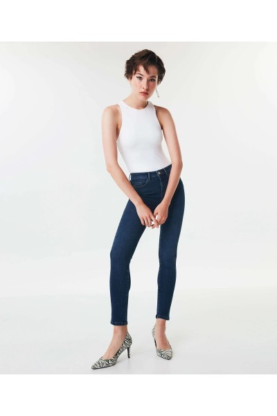 Kadın Solmayan Mavi Bıyık Skinny Yüksek Bel Jeans Pantolon