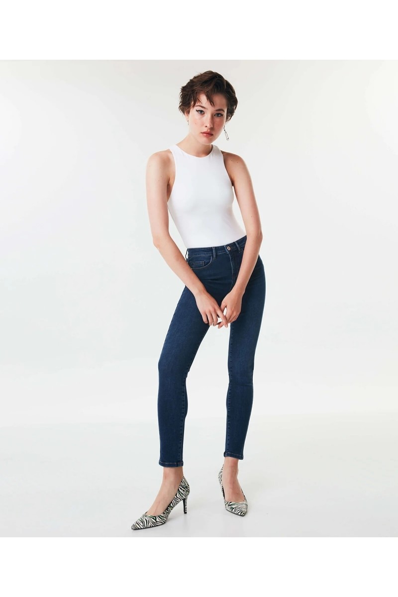 Kadın Solmayan Mavi Bıyık Skinny Yüksek Bel Jeans Pantolon