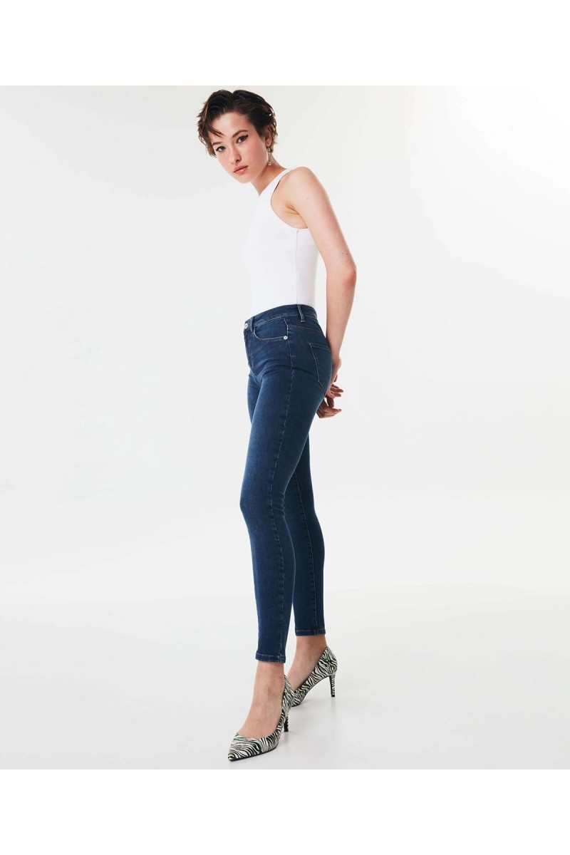 Kadın Solmayan Mavi Bıyık Skinny Yüksek Bel Jeans Pantolon