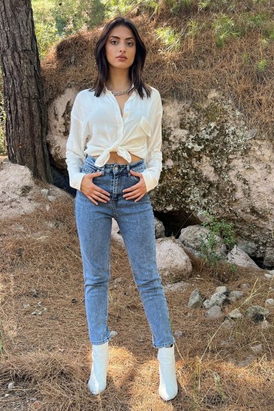 Spanish Yüksek Bel Mavi Kar Yıkama Mom Kot Pantolon Likralı Solmaz Ekstra Rahat Mom Jeans