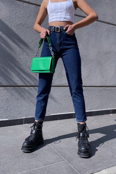 Yüksek Bel Koyu Mavi Mom Kot Pantolon Likralı Solmaz Ekstra Rahat Mom Jeans