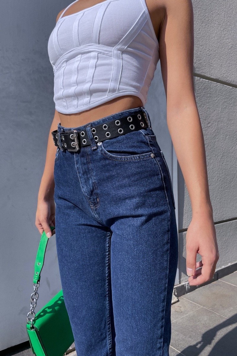 Yüksek Bel Koyu Mavi Mom Kot Pantolon Likralı Solmaz Ekstra Rahat Mom Jeans