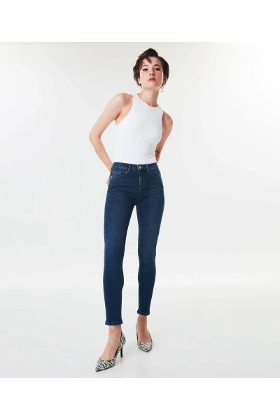 Kadın Solmayan Mavi Bıyık Skinny Yüksek Bel Jeans Pantolon