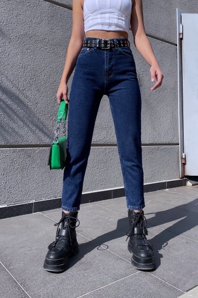 Yüksek Bel Koyu Mavi Mom Kot Pantolon Likralı Solmaz Ekstra Rahat Mom Jeans