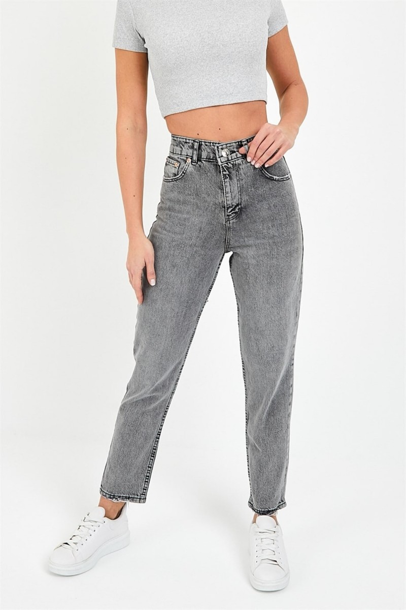 Spanish Yüksek Bel Gri Kar Mom Kot Pantolon Likralı Solmaz Füme Ekstra Rahat Mom Jeans