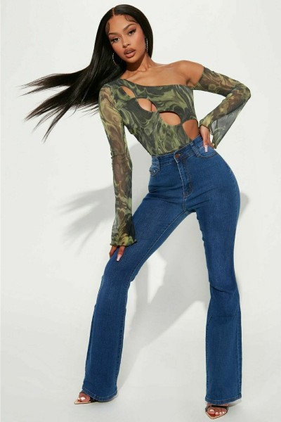 Ispanyol Women Orta Mavi Ispanyol Paça Kot Pantolon Yüksek Bel Ispanyol Jeans Toparlayıcı