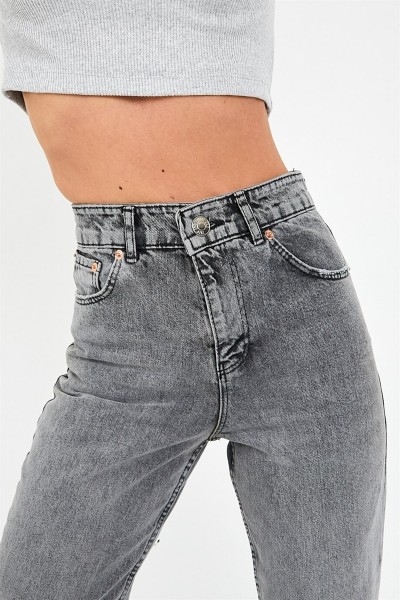 Spanish Yüksek Bel Gri Kar Mom Kot Pantolon Likralı Solmaz Füme Ekstra Rahat Mom Jeans