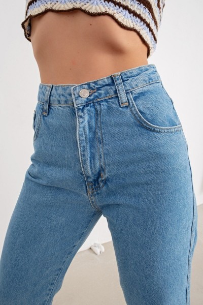Spanish Yüksek Bel Mavi Mom Kot Pantolon Likralı Solmaz Ekstra Rahat Mom Jeans