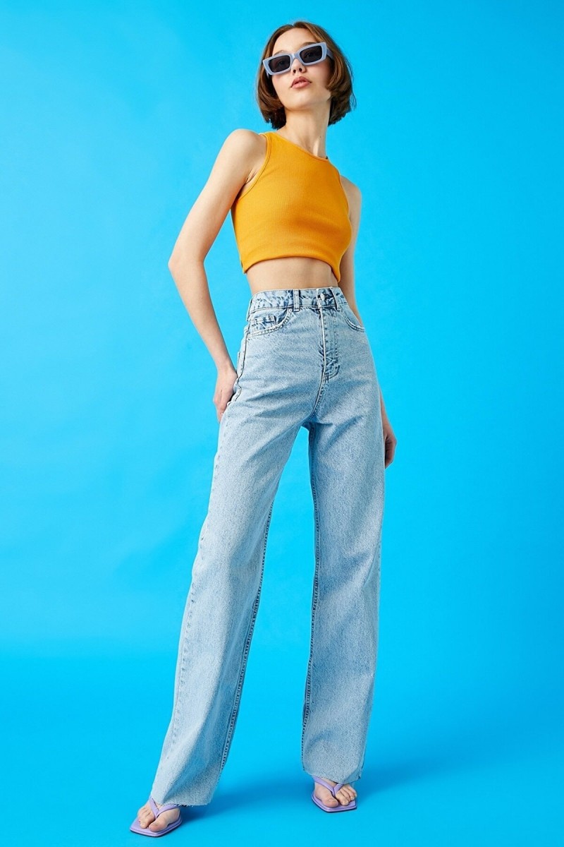 Hooden Likralı Kadın Buz Mavi Kar Yıkama Süper Yüksek Bel Salaş Paça Denim Salaş Palazzo Pantolon