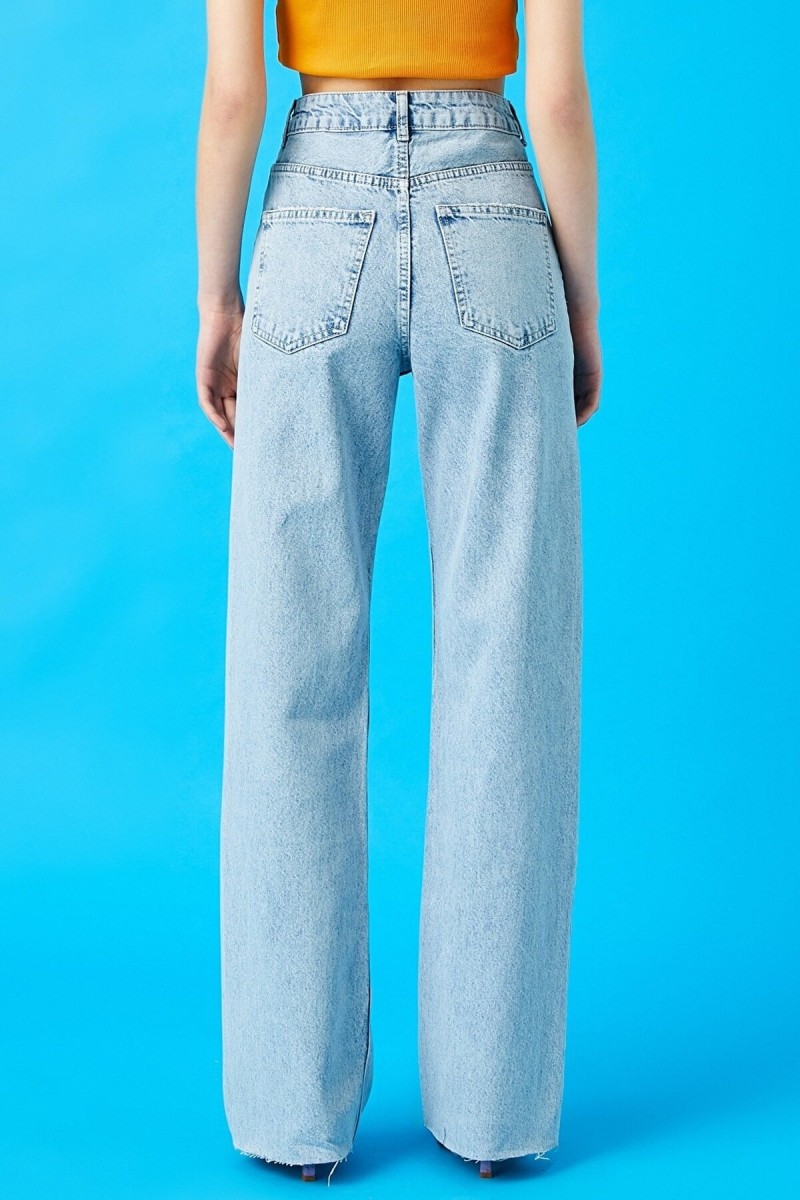 Hooden Likralı Kadın Buz Mavi Kar Yıkama Süper Yüksek Bel Salaş Paça Denim Salaş Palazzo Pantolon