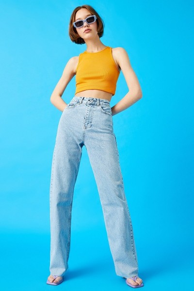 Hooden Likralı Kadın Buz Mavi Kar Yıkama Süper Yüksek Bel Salaş Paça Denim Salaş Palazzo Pantolon