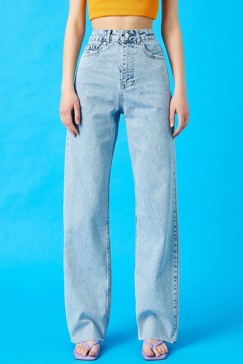 Hooden Likralı Kadın Buz Mavi Kar Yıkama Süper Yüksek Bel Salaş Paça Denim Salaş Palazzo Pantolon