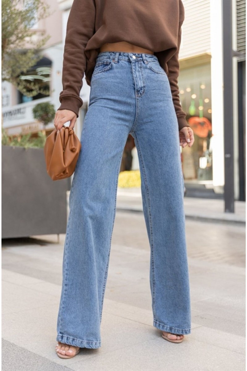 Sery Likralı Kadın Açık Kar Yıkama Süper Yüksek Bel Salaş Paça Denim Kot Salaş Pantolon