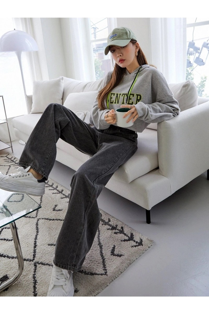 Cesy Likralı Kadın Füme Kar Yıkama Süper Yüksek Bel Salaş Paça Denim Kot Salaş Pantolon