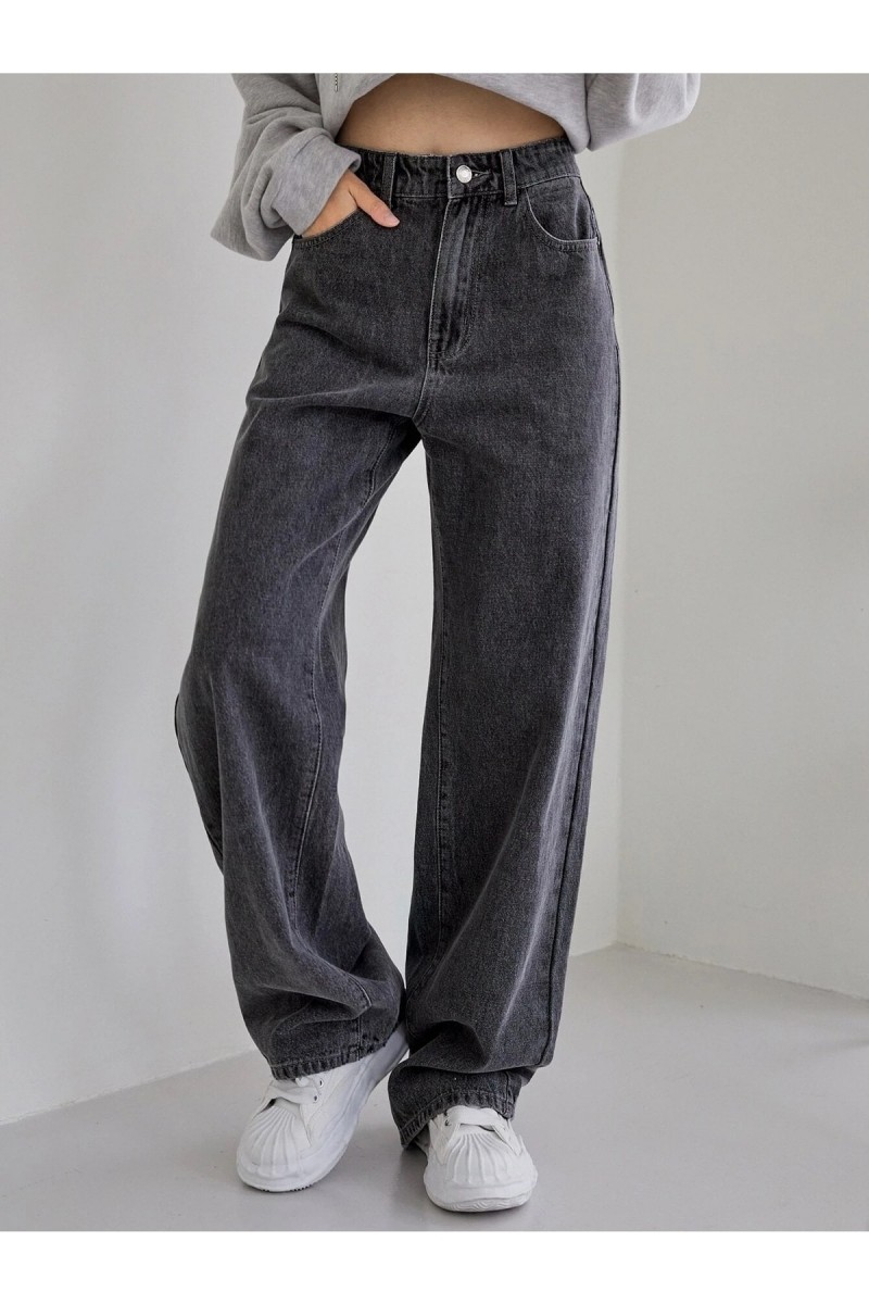 Cesy Likralı Kadın Füme Kar Yıkama Süper Yüksek Bel Salaş Paça Denim Kot Salaş Pantolon