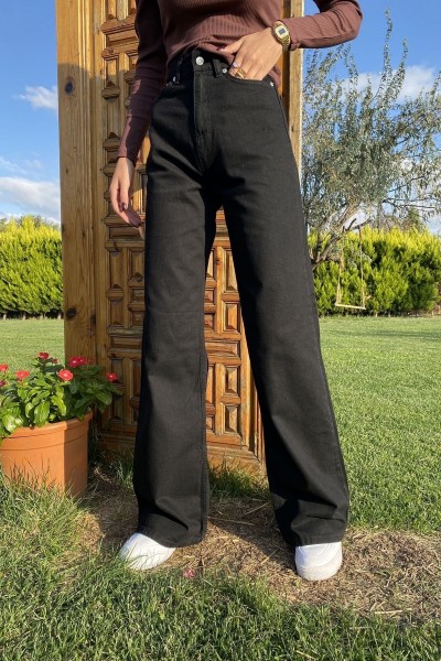 Wooden Likralı Kadın Siyah Süper Yüksek Bel Salaş Paça Salaş Denim Kot Palazzo Salaş