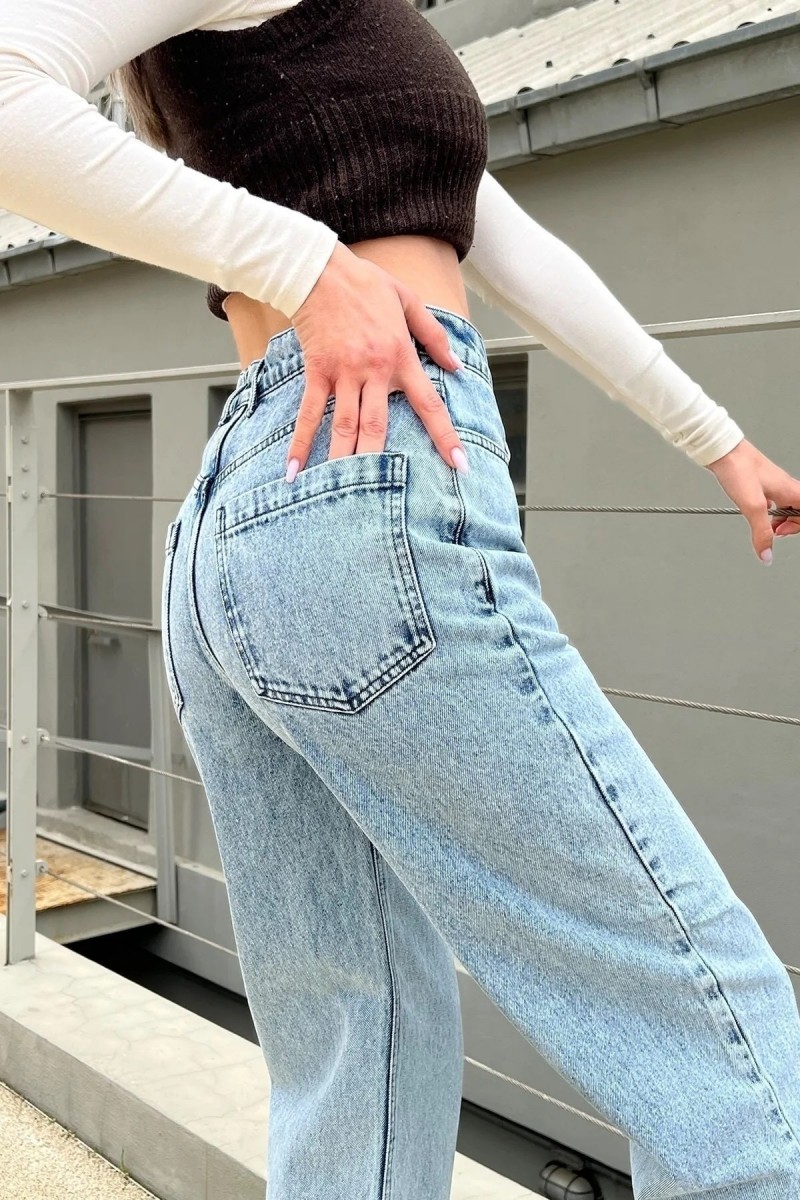 Coin Likralı Kadın Açık Kar Yıkama Süper Yüksek Bel Salaş Paça Denim Kot Salaş Pantolon