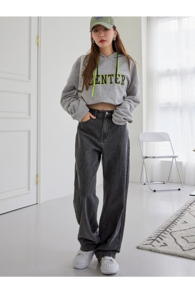 Cesy Likralı Kadın Füme Kar Yıkama Süper Yüksek Bel Salaş Paça Denim Kot Salaş Pantolon