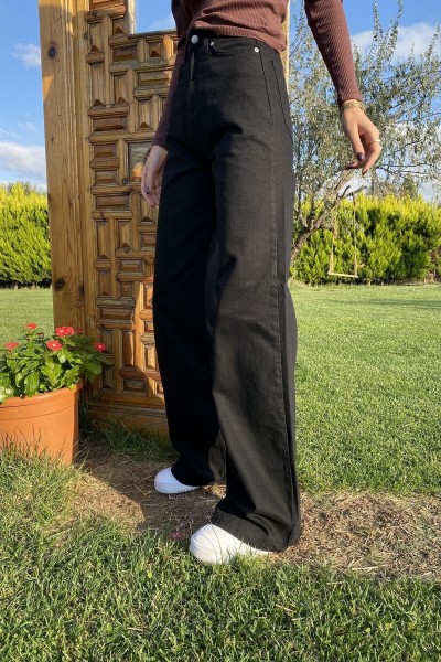 Wooden Likralı Kadın Siyah Süper Yüksek Bel Salaş Paça Salaş Denim Kot Palazzo Salaş