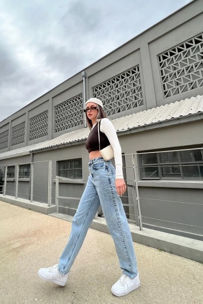 Coin Likralı Kadın Açık Kar Yıkama Süper Yüksek Bel Salaş Paça Denim Kot Salaş Pantolon