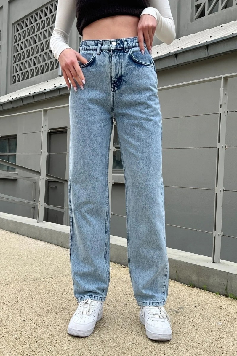 Coin Likralı Kadın Açık Kar Yıkama Süper Yüksek Bel Salaş Paça Denim Kot Salaş Pantolon