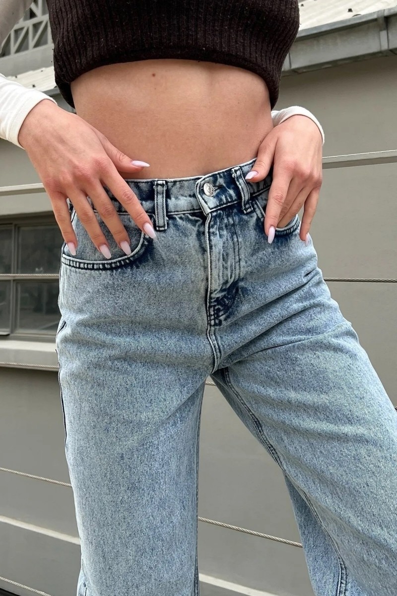 Coin Likralı Kadın Açık Kar Yıkama Süper Yüksek Bel Salaş Paça Denim Kot Salaş Pantolon