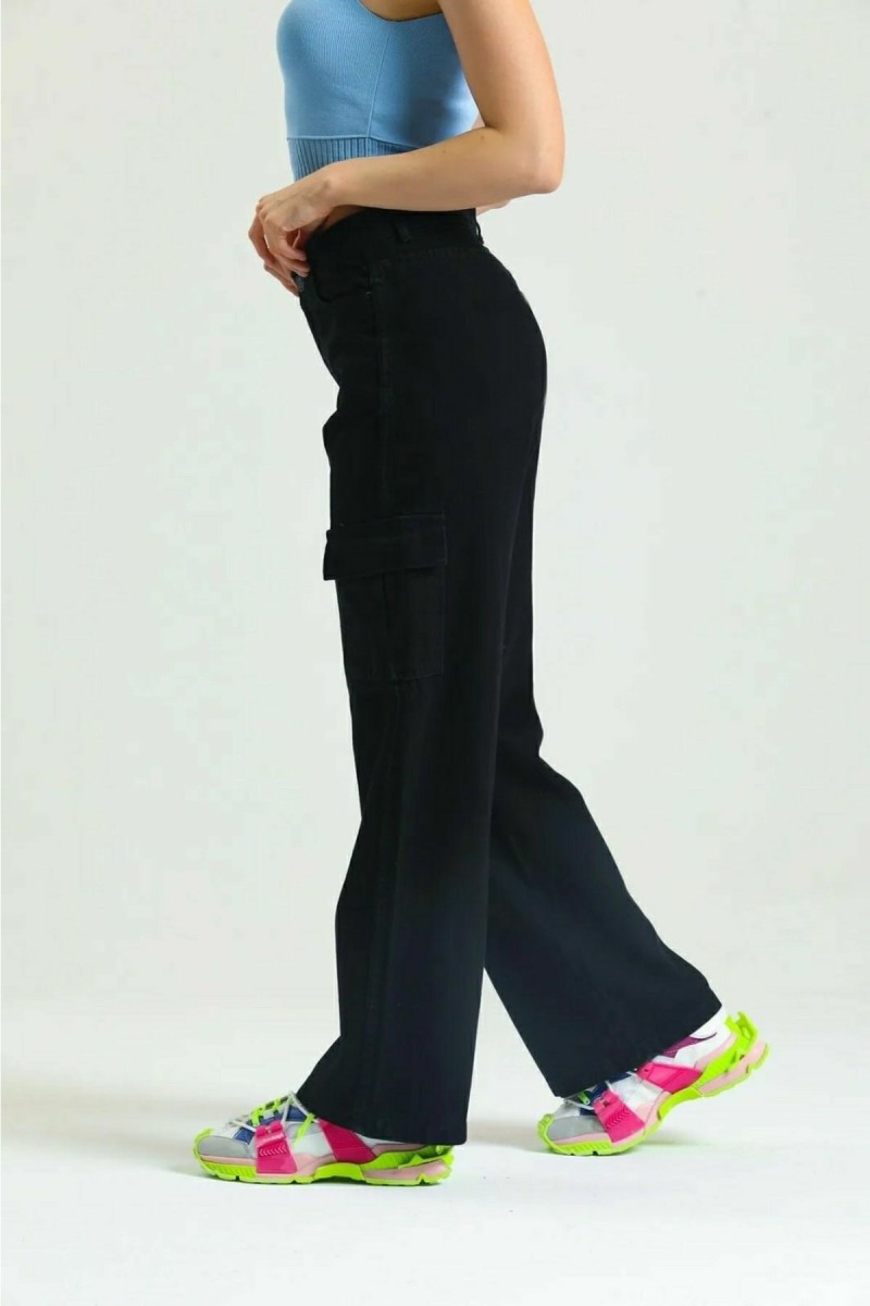 Atlanta Siyah Kargo Salaş Arka Cepsiz Likralı Süper Yüksek Bel Jean Pantolon