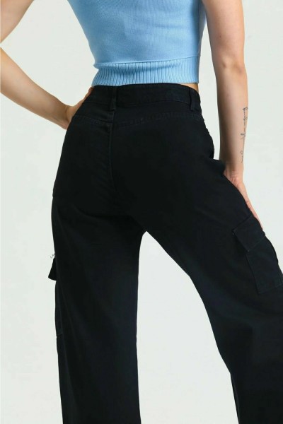 Atlanta Siyah Kargo Salaş Arka Cepsiz Likralı Süper Yüksek Bel Jean Pantolon